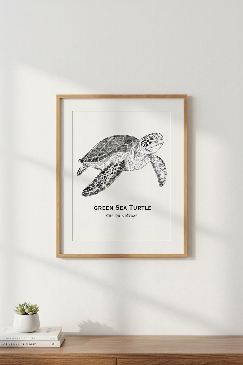 Green Sea Turtle oak framed on wall