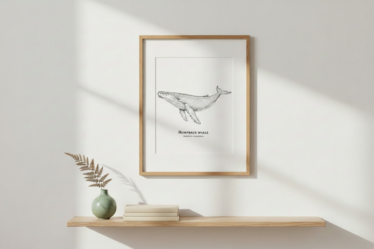 Humpback Whale oak framed mockup