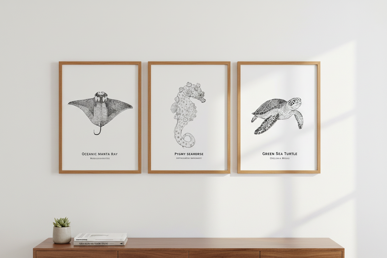 Manta Ray, Seahorse, Sea Turtle side by side gallery wall
