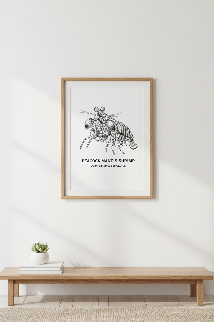 Peacock Mantis Shrimp oak framed on wall