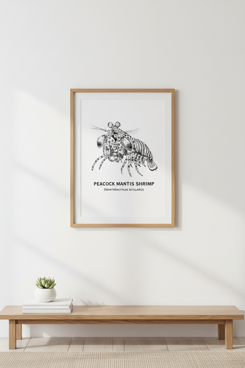 Peacock Mantis Shrimp oak framed on wall
