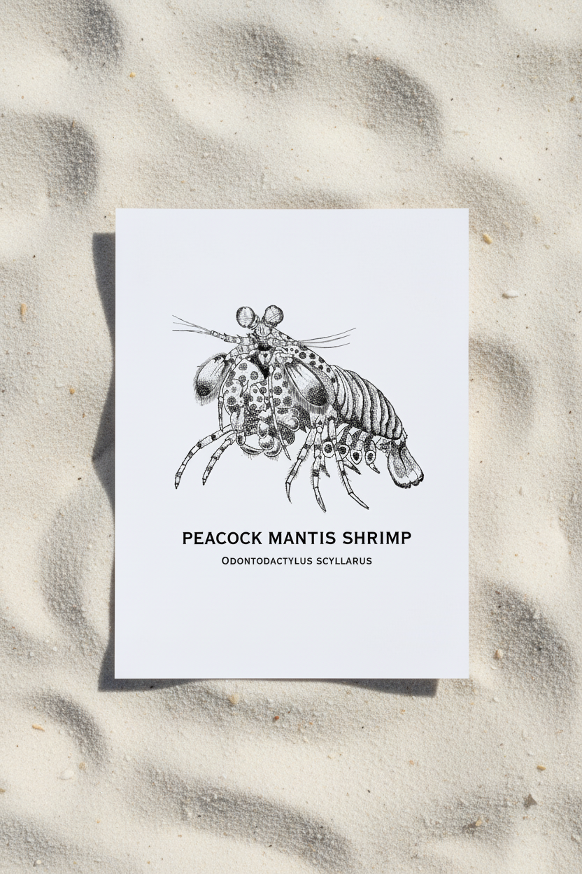 Peacock Mantis Shrimp print on sand