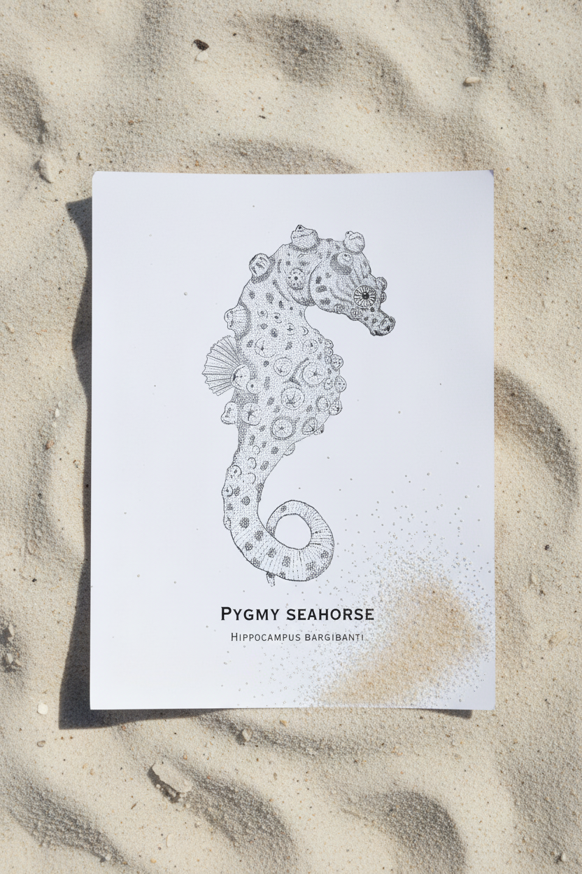Pygmy seahorse print on sand